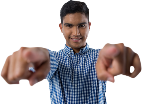 Man pointing against white background