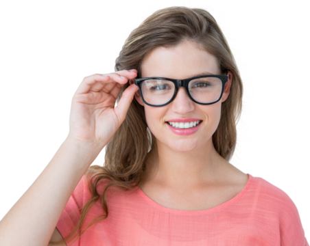 Portrait of smiling woman wearing black eyeglasses 