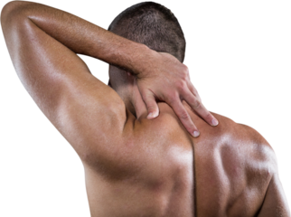 Shirtless man with neck pain