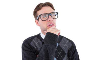 Geeky hipster thinking with hand on chin