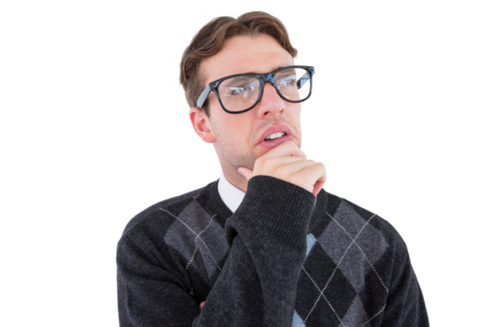 Geeky hipster thinking with hand on chin