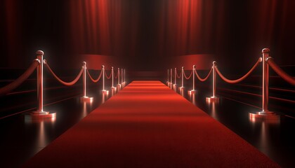 Red Carpet Bollywood Stage, Maroon Steps Spot Light Backdrop of the Golden Regal Awards. Generative ai