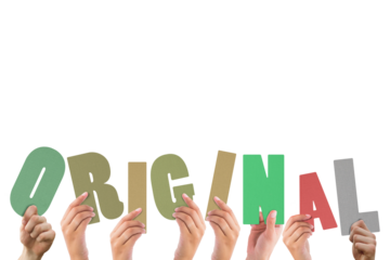 Cropped hands holding colorful word original 