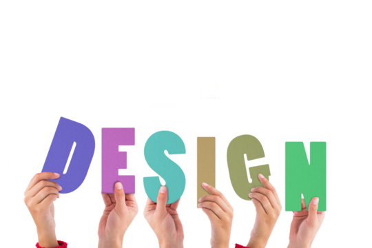 Colorful alphabet spelling design held up by people 