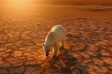 A polar bear walks desperately through the desert looking for water and food.Global warming has left this polar bear without habitat. Generative AI