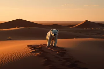 Foto auf Alu-Dibond A polar bear walks desperately through the desert looking for water and food.Global warming has left this polar bear without habitat. Generative AI © SnapVault