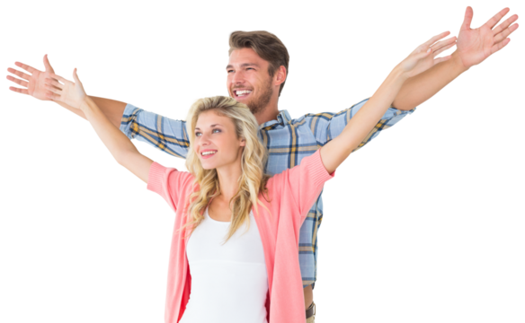 Attractive young couple standing with hands out