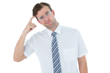 Geeky businessman thinking with finger on temple