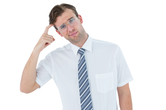 Geeky businessman thinking with finger on temple