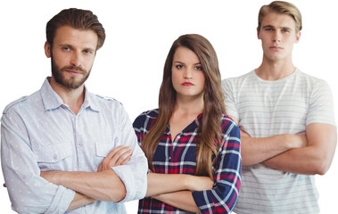 Confident business people with arms crossed standing against white background