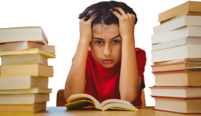 Tensed boy sitting with stack of books