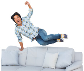 Football fan jumping over the couch
