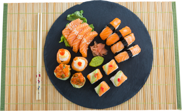 Close up of sushi with chopsticks