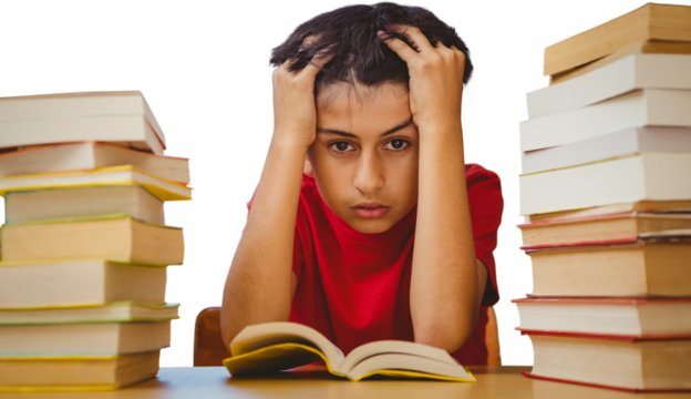 Tensed boy sitting with stack of books