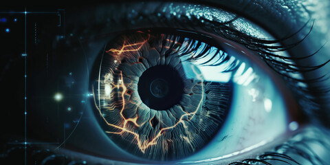ai generated Robot  eyeball close-up with blue pupil scanning an eye - obrazy, fototapety, plakaty