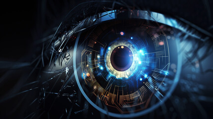 ai generated Robot  eyeball close-up with blue pupil scanning an eye