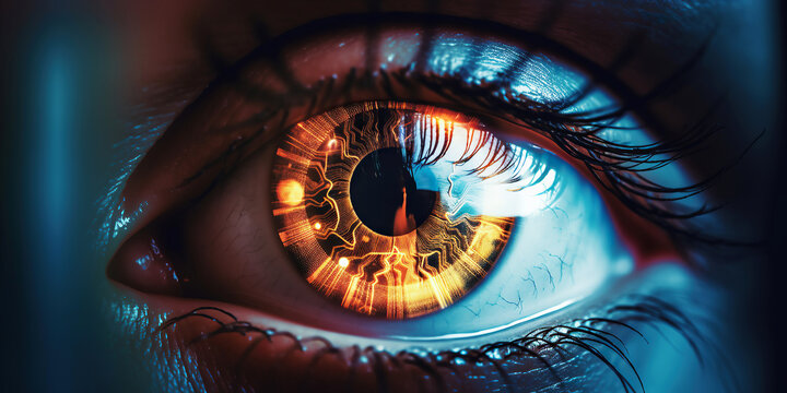 ai generated Robot  eyeball close-up with orange pupil scanning an eye