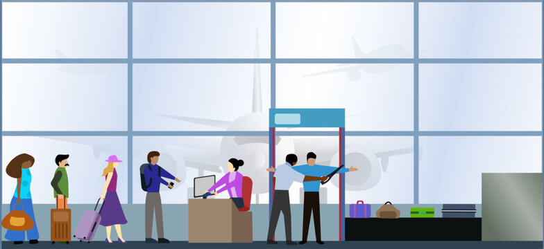 People Check-in In Airport Vector Illustration, Airport Concept Scenes Set, Airport Check In Desk, People With Suitecase Bag Stand In Queue To For Registration To Departure, Airport Check-in Employee