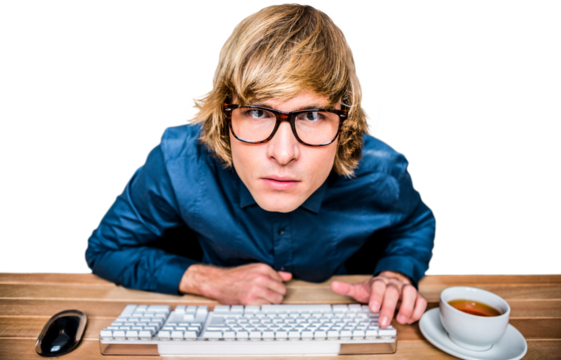 Hipster businessman looking closely the camera