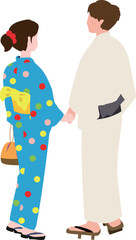 浴衣を着て手をつなぐ若い男女の後ろ姿