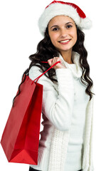 Attractive woman with christmas hat holding red shopping bag