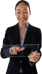 Happy young businesswoman using glass interface