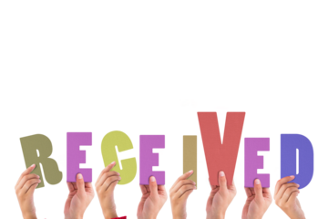 Hands holding multi colored word received 