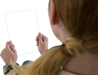 Woman using glass digital tablet