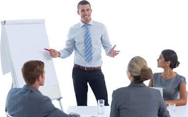 Manager presenting whiteboard to his colleagues