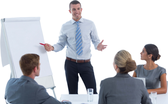Manager presenting whiteboard to his colleagues