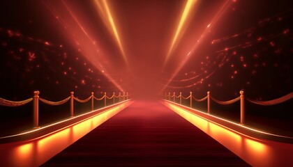 Fototapeta na wymiar Red Carpet Bollywood Stage, Maroon Steps Spot Light Backdrop of the Golden Regal Awards. Generative ai