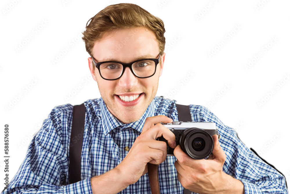 Poster Geeky hipster holding a retro camera