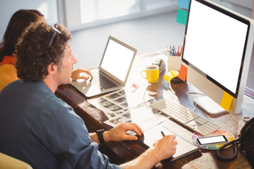 High angle view of man and woman working