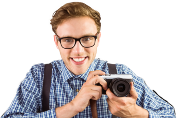 Geeky hipster holding a retro camera