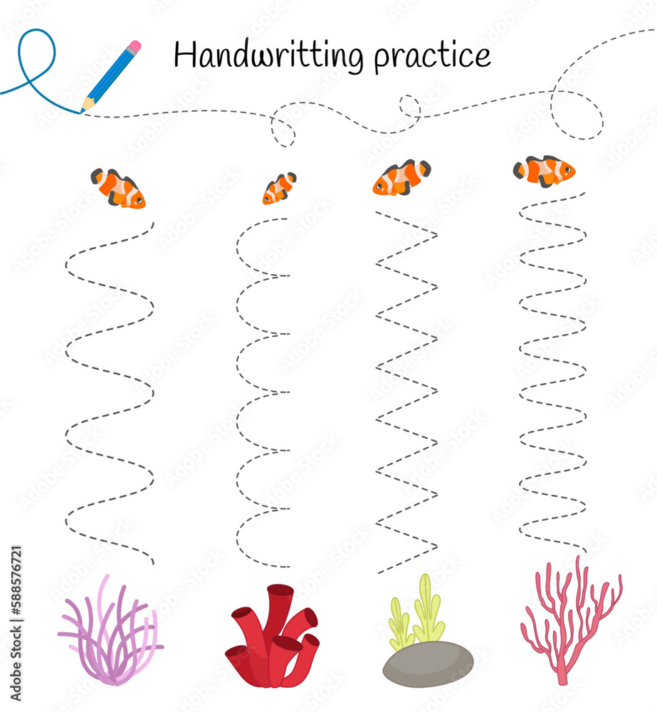 Poster handwriting practice sheet. basic writing. educational game for children. help the fish get to the a