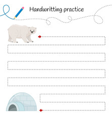 Handwriting practice sheet. Basic writing. Educational game for children. Helped the polar bear to reach the igloo. © Алёна Игдеева