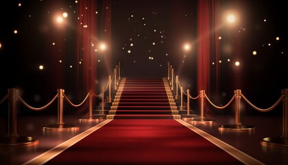 Red Carpet Bollywood Stage, Maroon Steps Spot Light Backdrop of the Golden Regal Awards. Generative ai