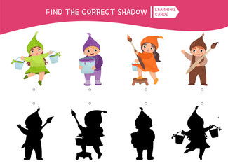 Fototapeta premium Educational game for children. Find the right shadow. Kids activity with cartoon cute kids.