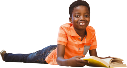Cute boy reading book in library