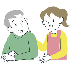 シニア男性に話しかける若い女性