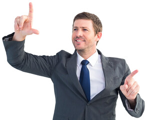 Happy businessman pointing with fingers
