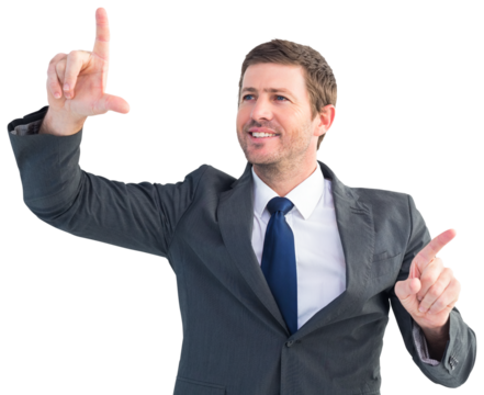 Happy businessman pointing with fingers