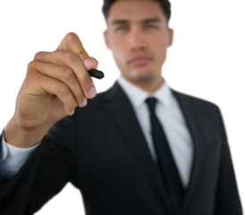 Businessman writing on invisible interface