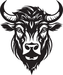 Bison head isolated on white background, Black and white, line art usable for mascot, shirt, t shirt, icon, logo, label, emblem, tatoo, sign, poster, Vintage, emblem design. Vector illustration