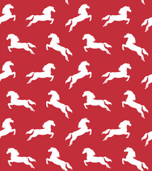 Vector seamless pattern of hand drawn sketch dressage horse jumping silhouette isolated on red background