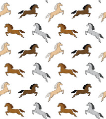 Vector seamless pattern of different color hand drawn dressage horse jumping isolated on white background