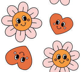 Vector seamless pattern of retro groovy flowers and hearts isolated on white background