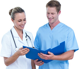 Smiling doctor and nurse with clipboard