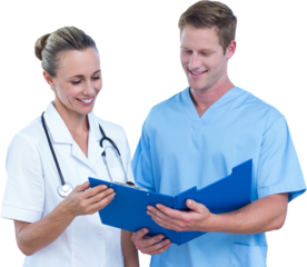 Smiling doctor and nurse with clipboard