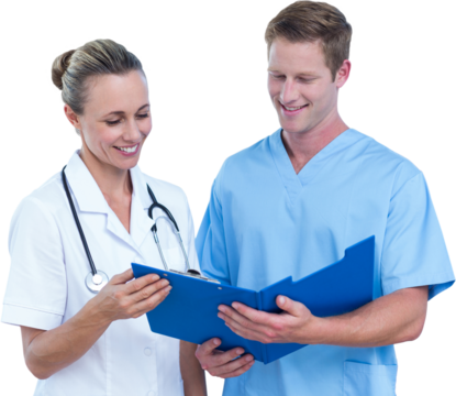 Smiling doctor and nurse with clipboard
